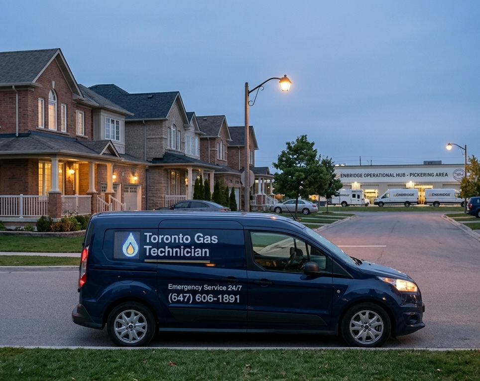 Toronto Gas Technician emergency service van parked in a residential neighborhood providing 24-7 TSSA licensed gas repair and Enbridge red tag removal in the GTA